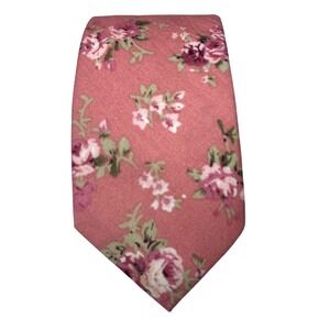 Floral Skinny Neck Tie Pink Rose Print Cotton Slim Wedding Cottagecore 2.5" Mens